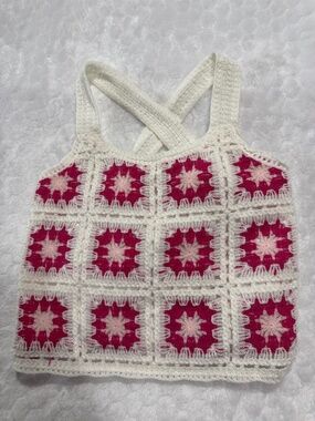 Love Squared Girls tank top front crochet pink white size 7